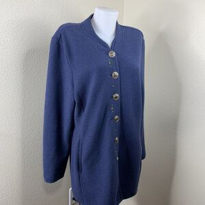 Geiger Button Coat Sweater Women’s Sz 46 Wool Blue Pockets Flower Embroidered